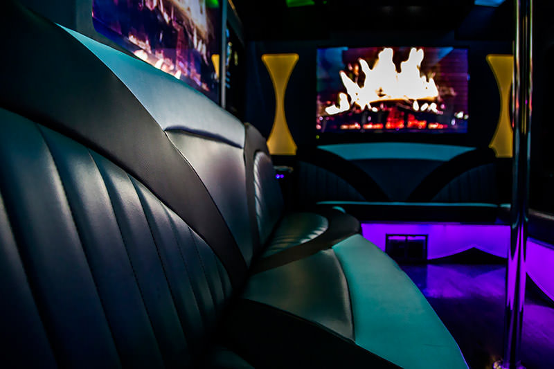 A closeup of the fine grade leather seats with the HD TV's in the background.