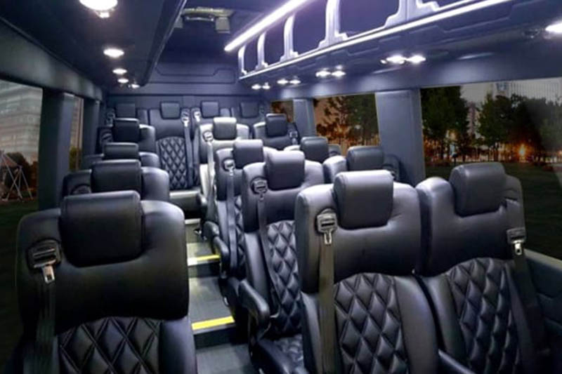 Shuttle bus interiors provides comfy transportation for any special day.